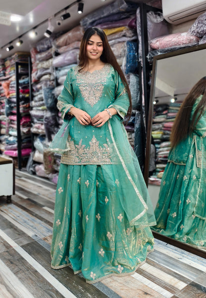 Organza Silk Dori Embroidered Indo Western Dress with Long Shirt