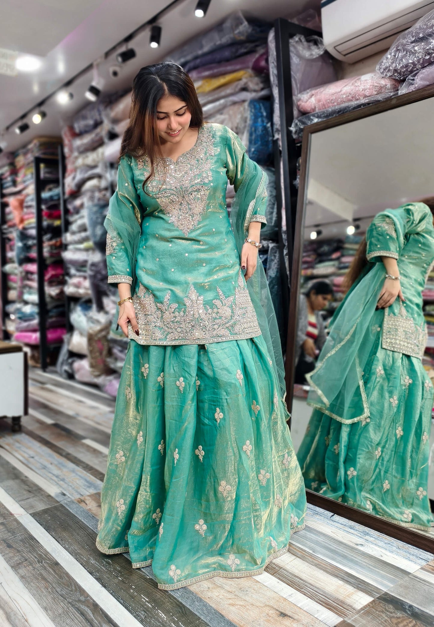 Organza Silk Dori Embroidered Indo Western Dress with Long Shirt