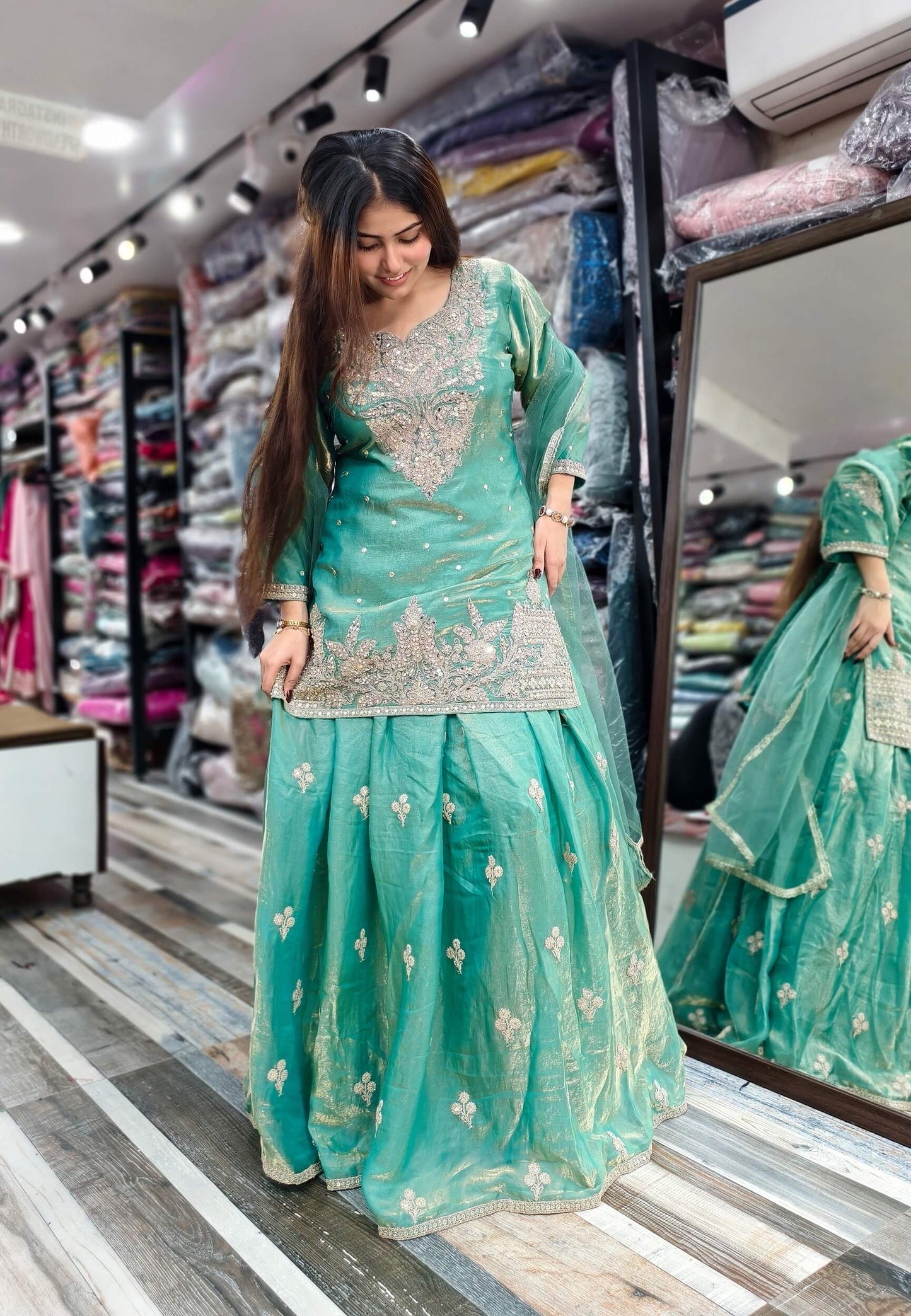 Organza Silk Dori Embroidered Indo Western Dress with Long Shirt