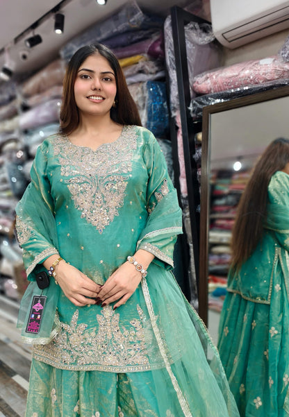 Organza Silk Dori Embroidered Indo Western Dress with Long Shirt