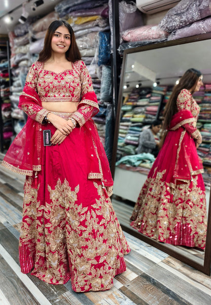Premium Silk Hand Embroidered Lehenga Choli with Designer Full Sleeve Blouse in Pink