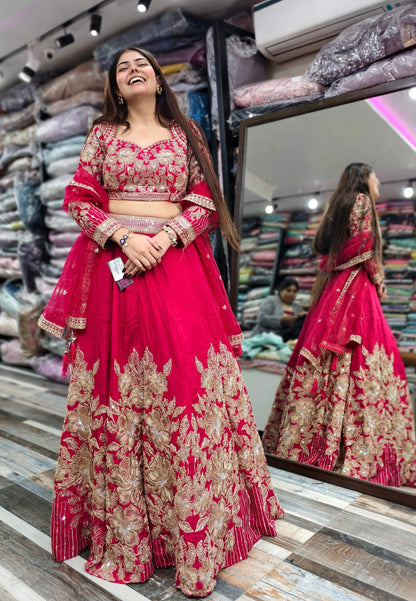 Premium Silk Hand Embroidered Lehenga Choli with Designer Full Sleeve Blouse in Pink