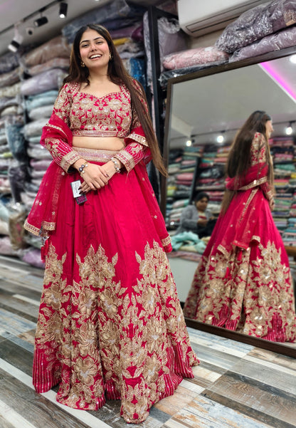 Premium Silk Hand Embroidered Lehenga Choli with Designer Full Sleeve Blouse in Pink
