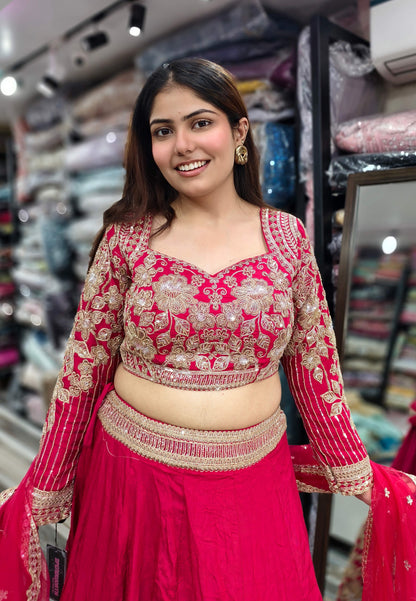 Premium Silk Hand Embroidered Lehenga Choli with Designer Full Sleeve Blouse in Pink