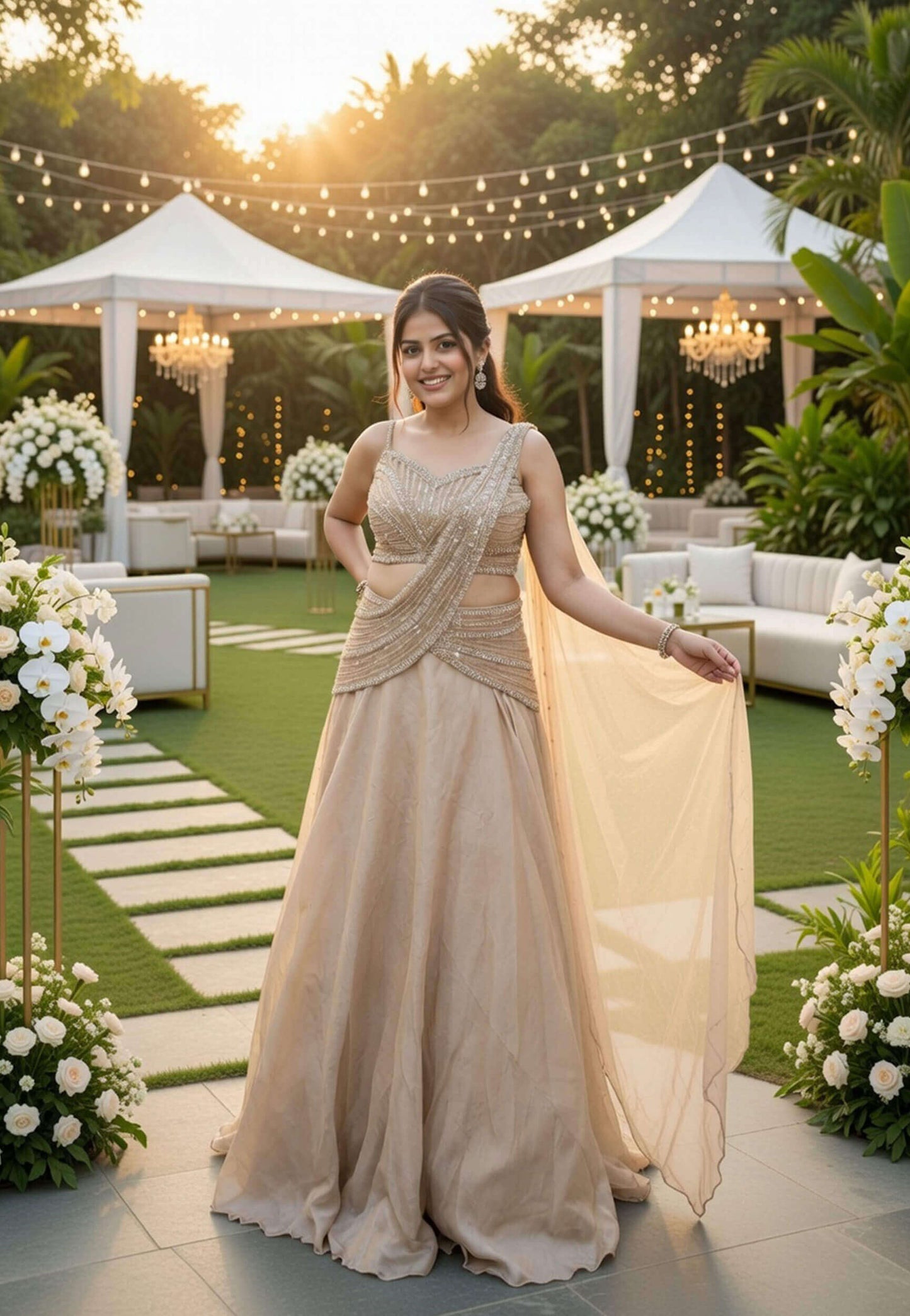 Girlish Connected Drape Style Hand Work Lehenga Choli with Spaghetti Blouse
