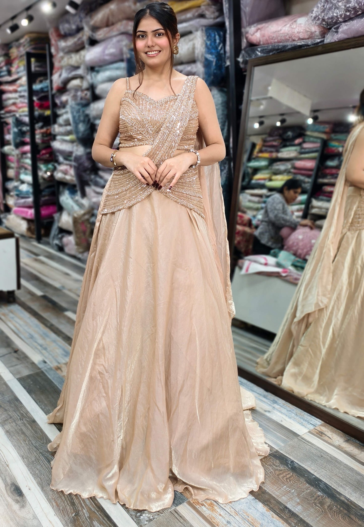 Girlish Connected Drape Style Hand Work Lehenga Choli with Spaghetti Blouse
