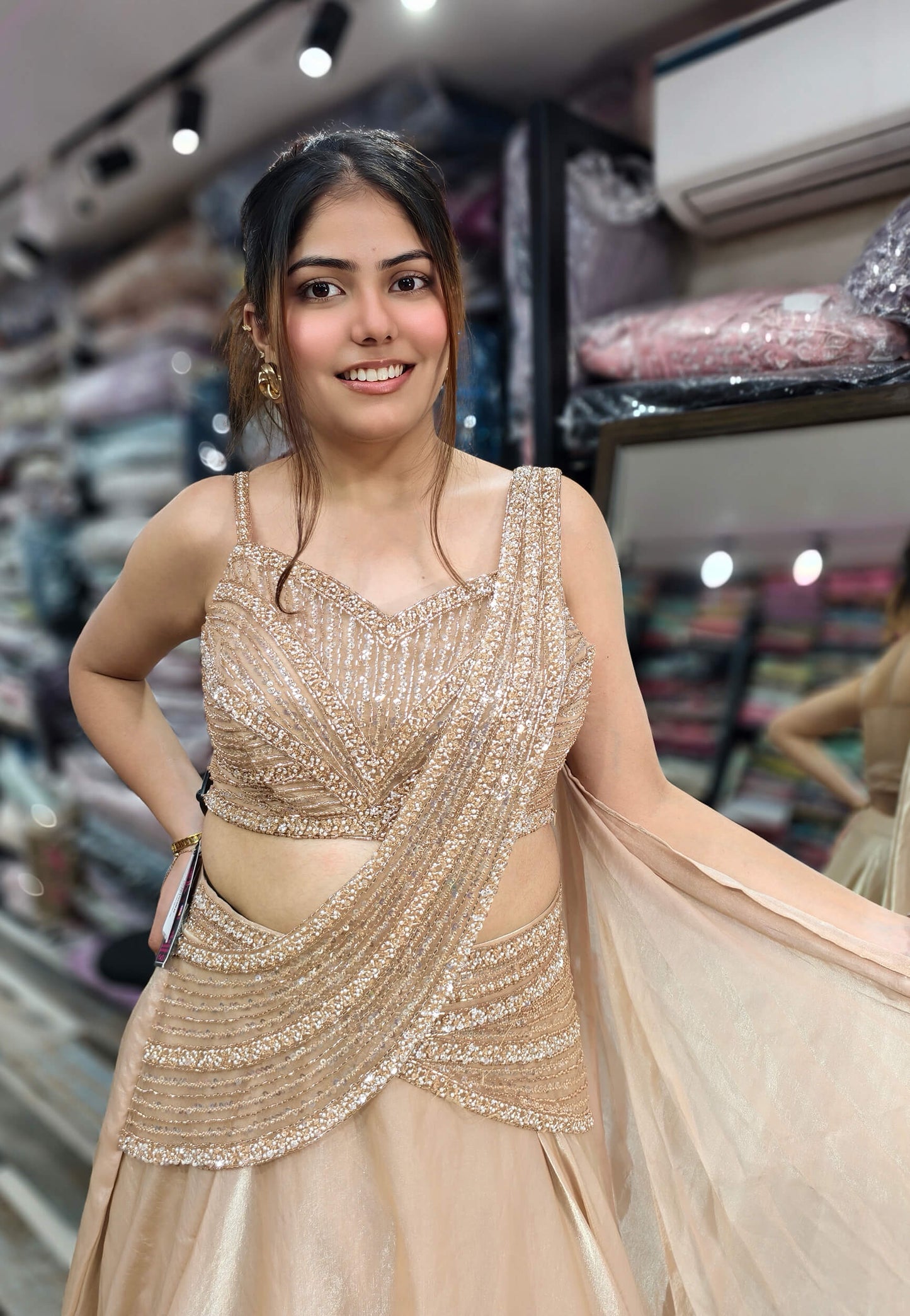 Girlish Connected Drape Style Hand Work Lehenga Choli with Spaghetti Blouse