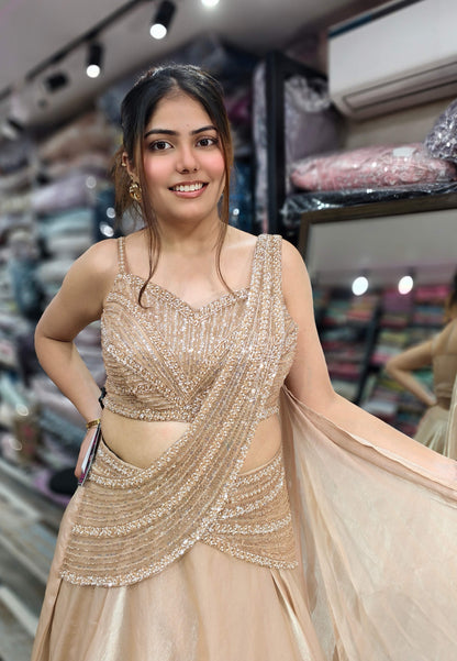 Girlish Connected Drape Style Hand Work Lehenga Choli with Spaghetti Blouse