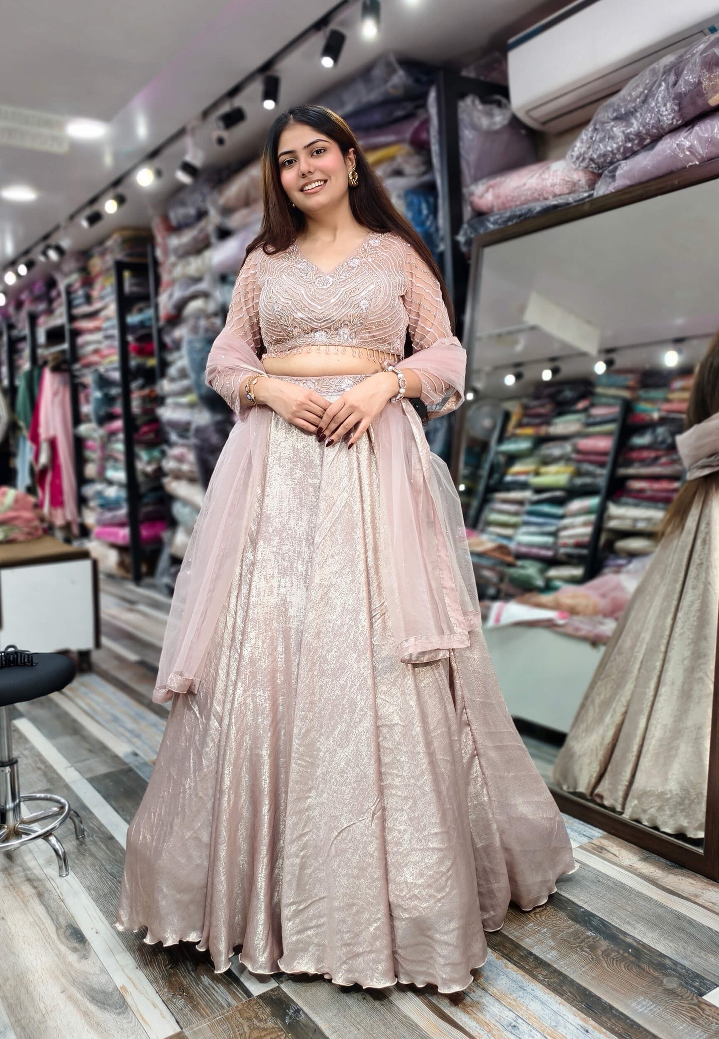 Designer Full Sleeve Blouse Flared Lehenga Choli - Imported Shimmer Fabric