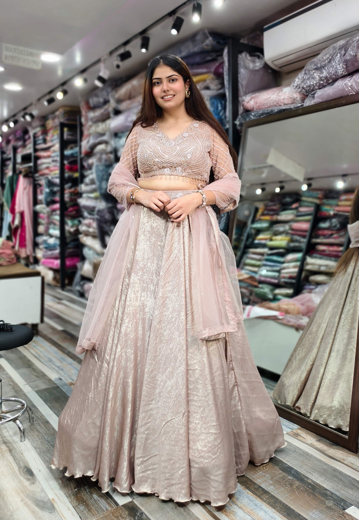 Designer Full Sleeve Blouse Flared Lehenga Choli - Imported Shimmer Fabric