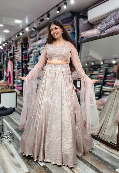 Designer Full Sleeve Blouse Flared Lehenga Choli - Imported Shimmer Fabric