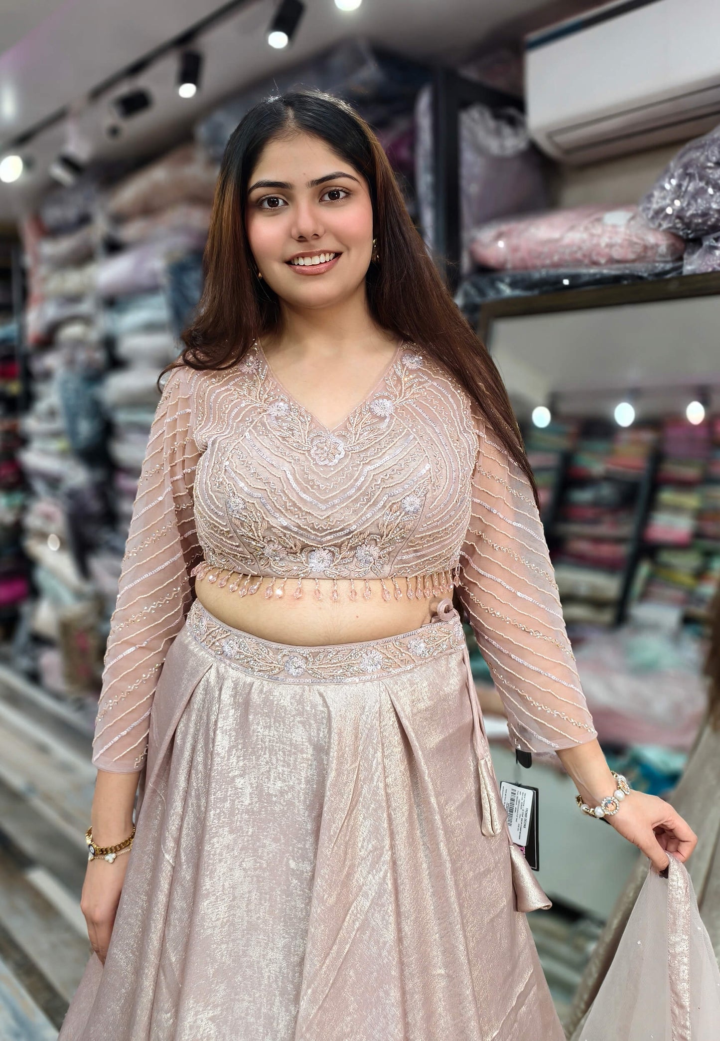 Designer Full Sleeve Blouse Flared Lehenga Choli - Imported Shimmer Fabric