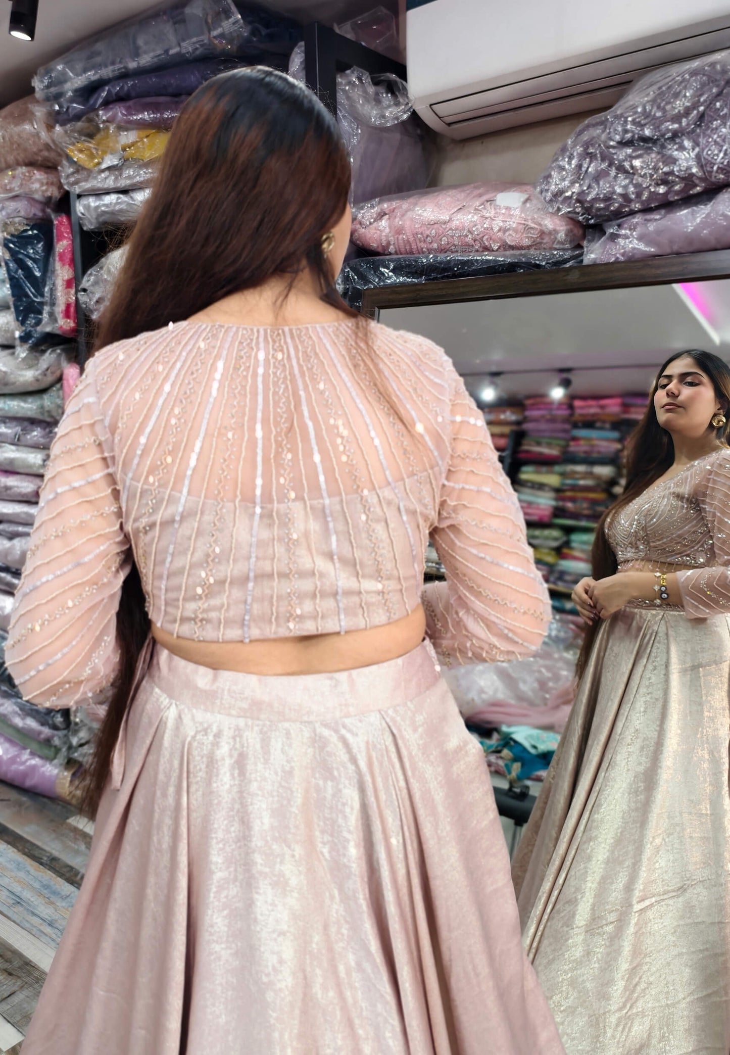 Designer Full Sleeve Blouse Flared Lehenga Choli - Imported Shimmer Fabric