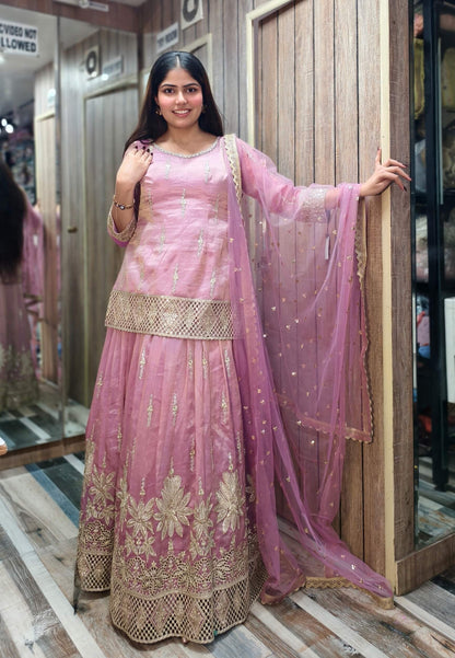 Organza Silk Cut Work Embroidered Indo Western Lehenga with Long Shirt