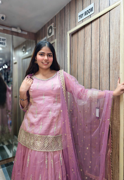 Organza Silk Cut Work Embroidered Indo Western Lehenga with Long Shirt