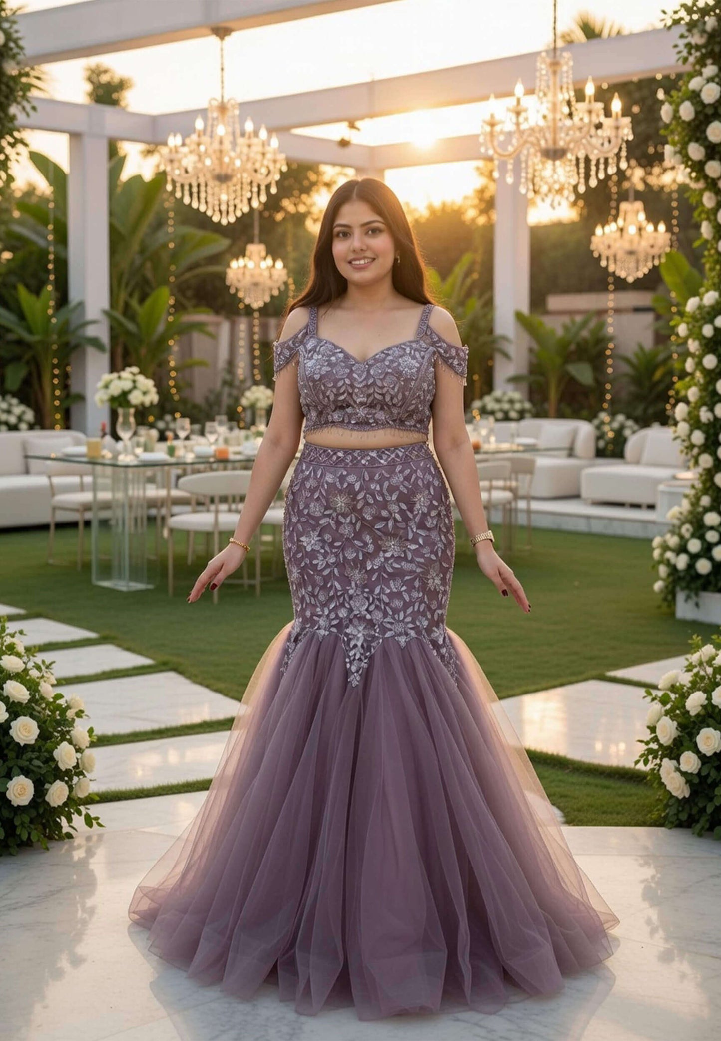 Embellished Fish Cut Net Lehenga with Designer Cape Sleeve Blouse