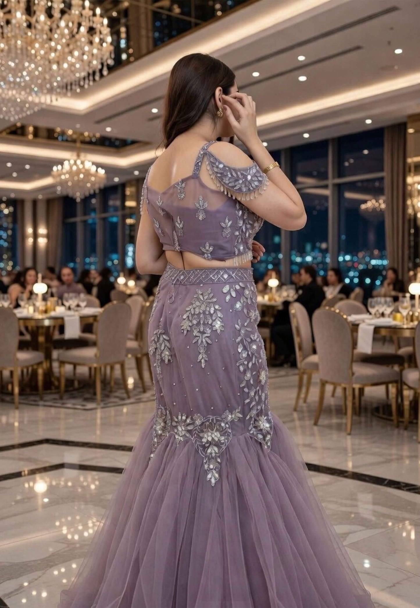 Embellished Fish Cut Net Lehenga with Designer Cape Sleeve Blouse