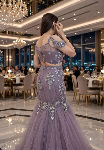 Embellished Fish Cut Net Lehenga with Designer Cape Sleeve Blouse