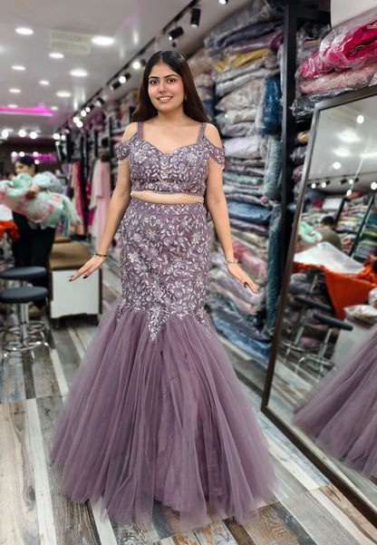 Embellished Fish Cut Net Lehenga with Designer Cape Sleeve Blouse