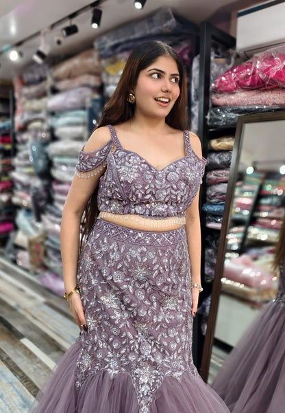Embellished Fish Cut Net Lehenga with Designer Cape Sleeve Blouse