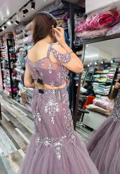 Embellished Fish Cut Net Lehenga with Designer Cape Sleeve Blouse