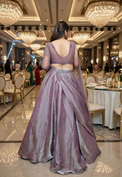 Girlish Embellished Blouse with Drape Style Organza Lehenga Dress in Mauve