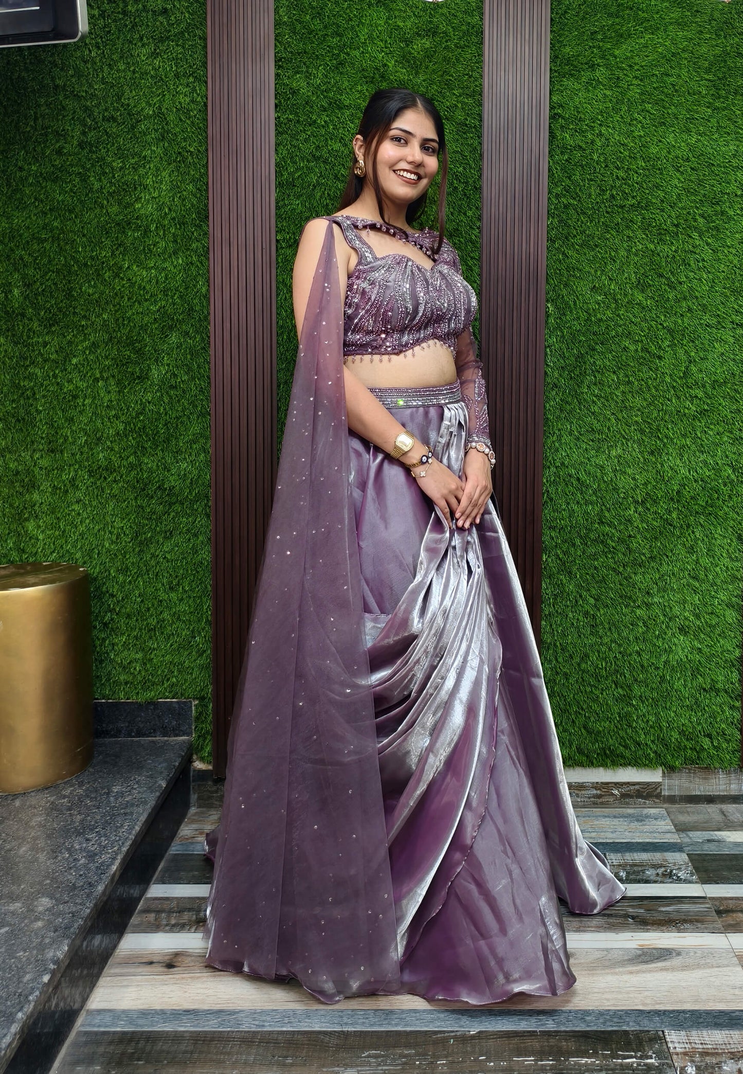 Girlish Embellished Blouse with Drape Style Organza Lehenga Dress in Mauve