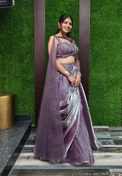 Girlish Embellished Blouse with Drape Style Organza Lehenga Dress in Mauve