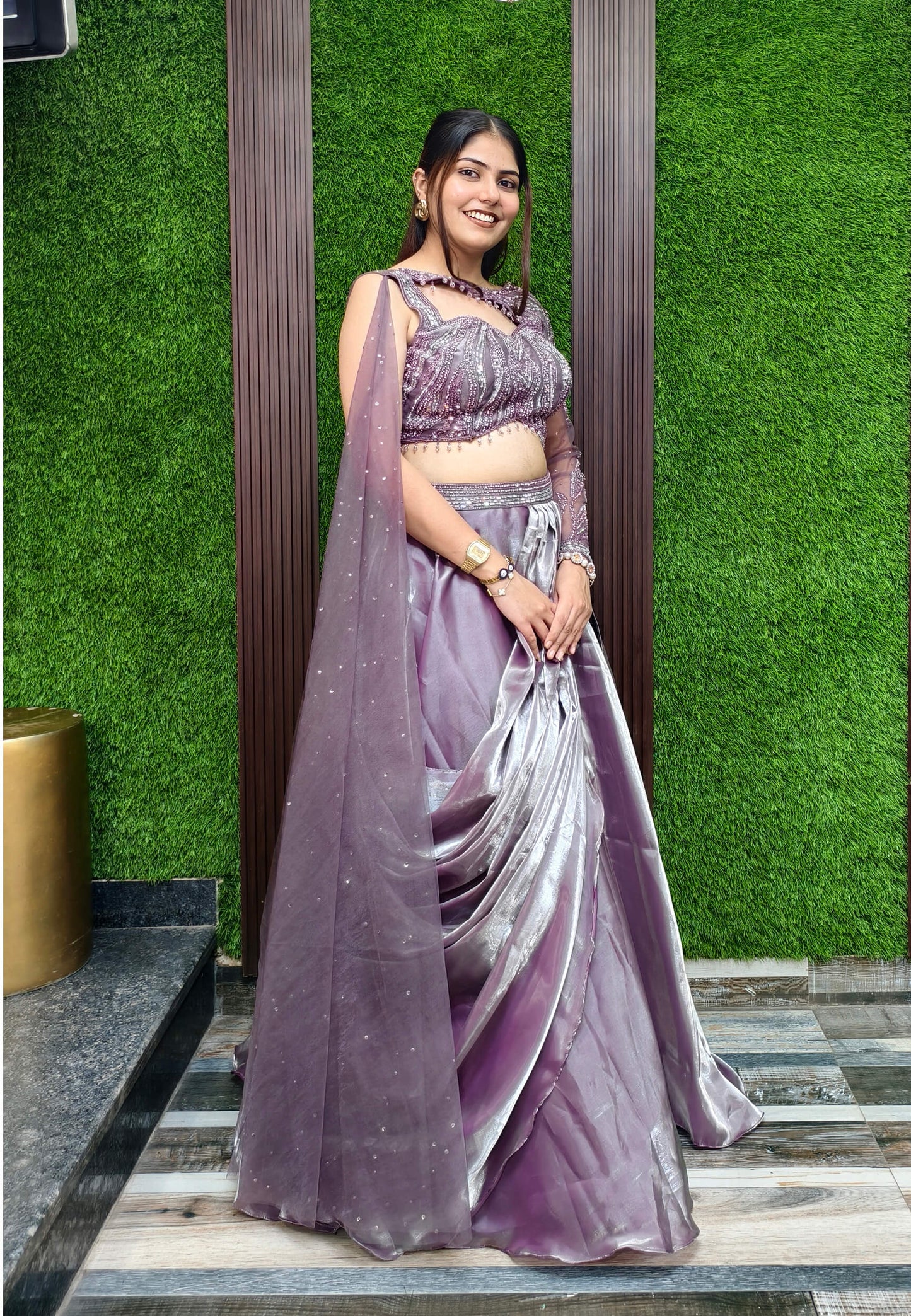 Girlish Embellished Blouse with Drape Style Organza Lehenga Dress in Mauve