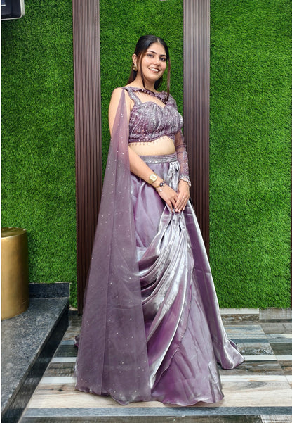 Girlish Embellished Blouse with Drape Style Organza Lehenga Dress in Mauve