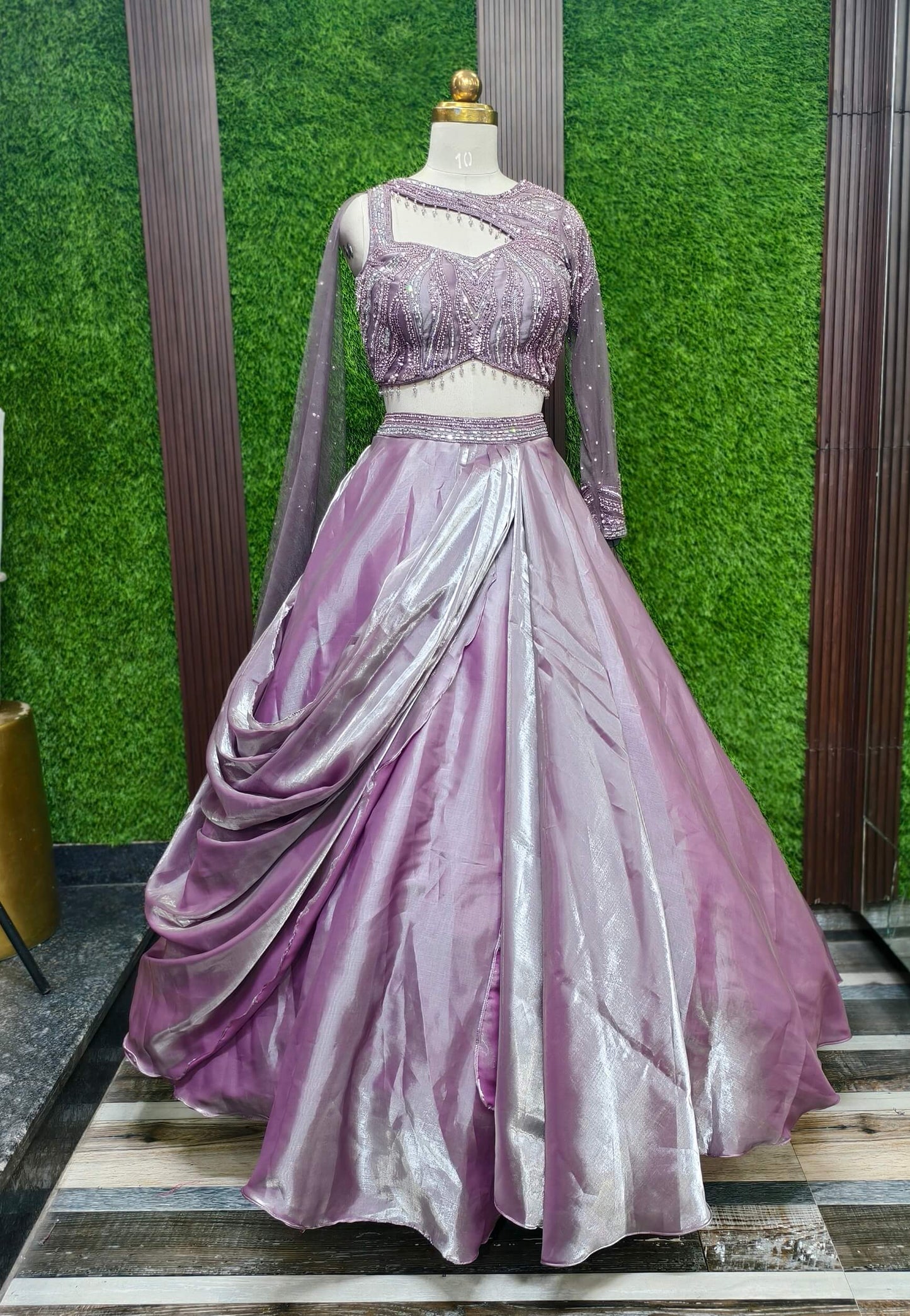 Girlish Embellished Blouse with Drape Style Organza Lehenga Dress in Mauve
