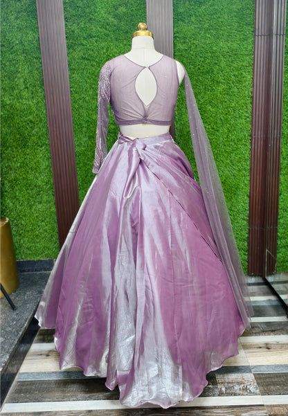 Girlish Embellished Blouse with Drape Style Organza Lehenga Dress in Mauve