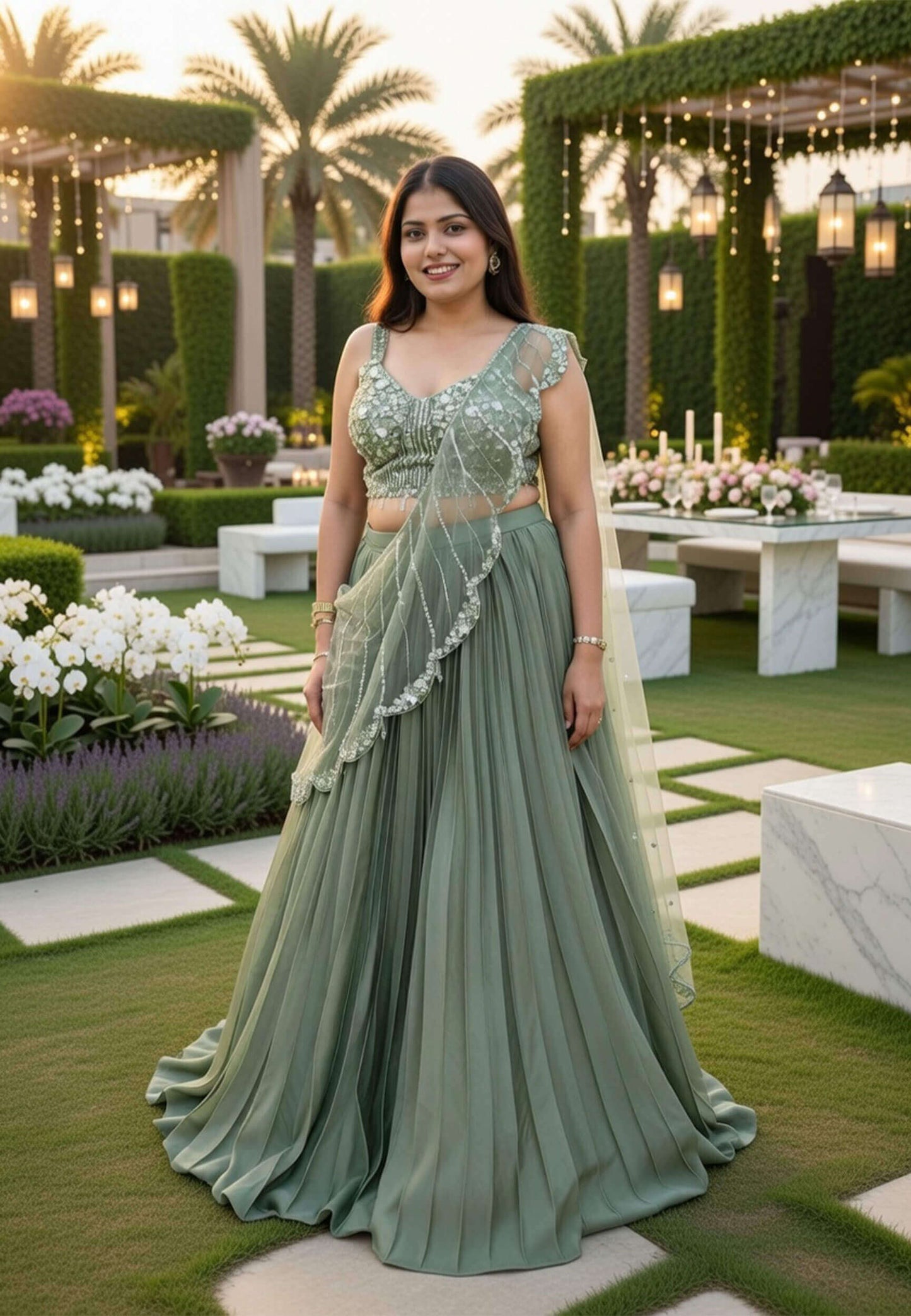 Armani Satin Embellished Blouse Lehenga Choli with Connected Hand Work Drape