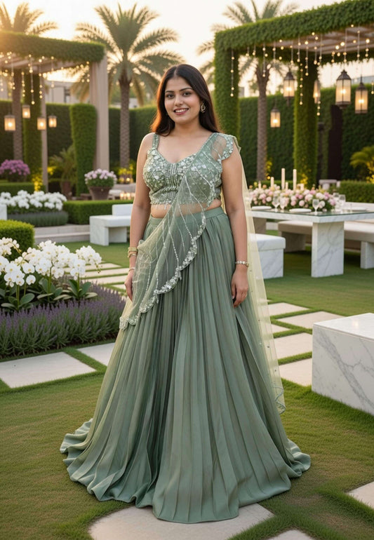 Armani Satin Embellished Blouse Lehenga Choli with Connected Hand Work Drape