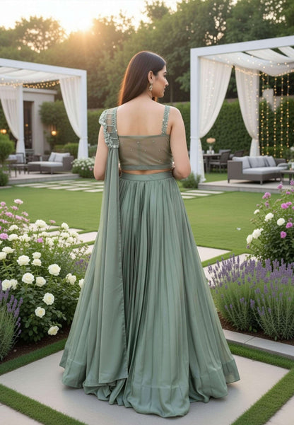 Armani Satin Embellished Blouse Lehenga Choli with Connected Hand Work Drape