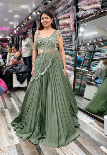 Armani Satin Embellished Blouse Lehenga Choli with Connected Hand Work Drape