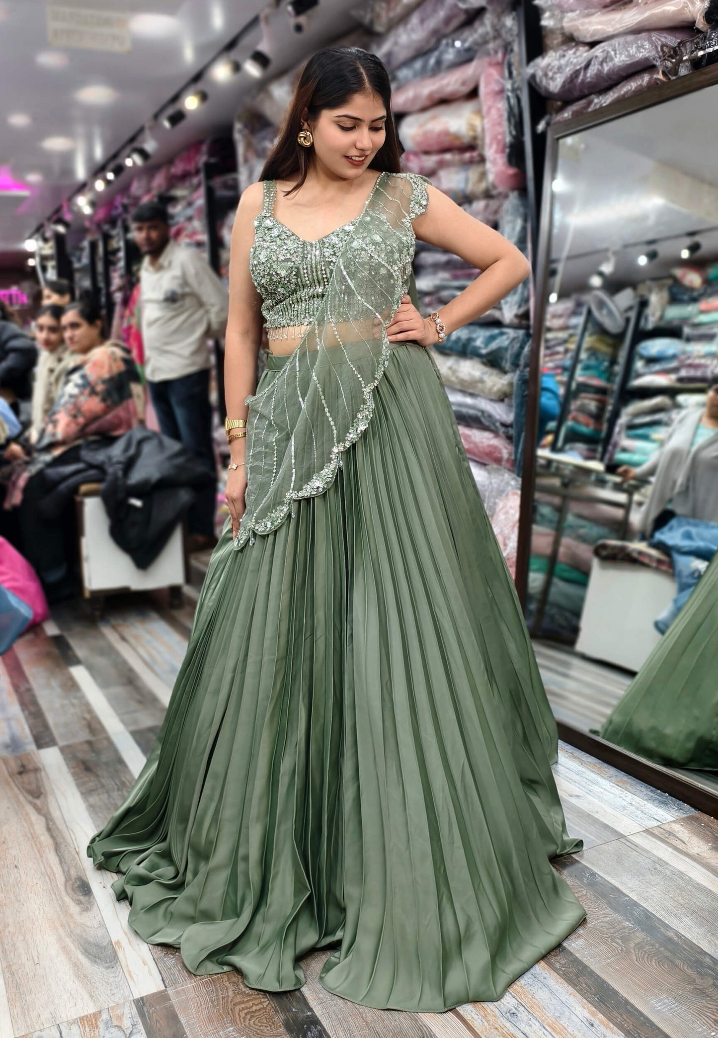 Armani Satin Embellished Blouse Lehenga Choli with Connected Hand Work Drape