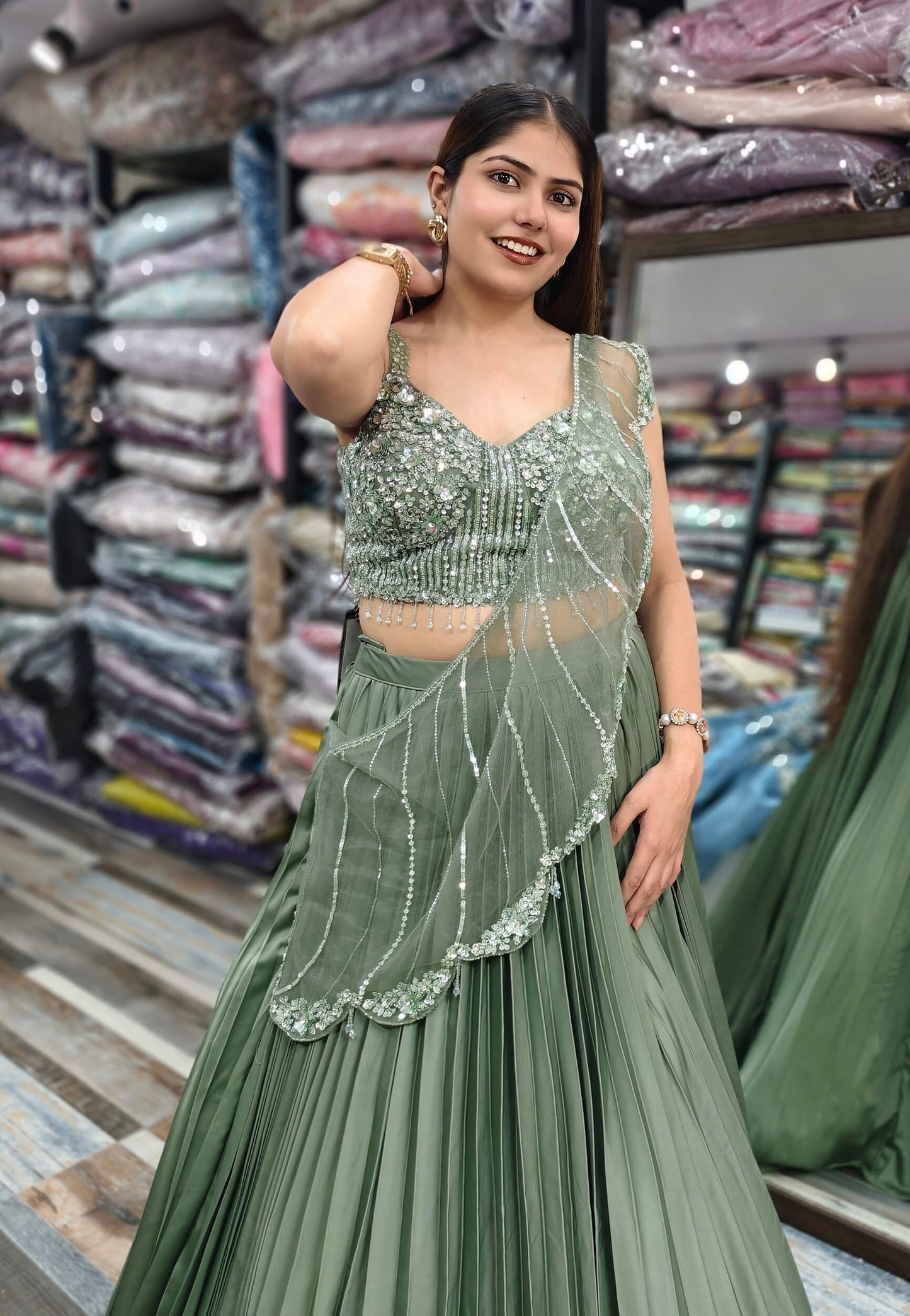 Armani Satin Embellished Blouse Lehenga Choli with Connected Hand Work Drape