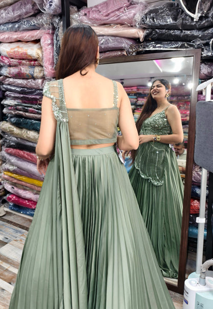 Armani Satin Embellished Blouse Lehenga Choli with Connected Hand Work Drape
