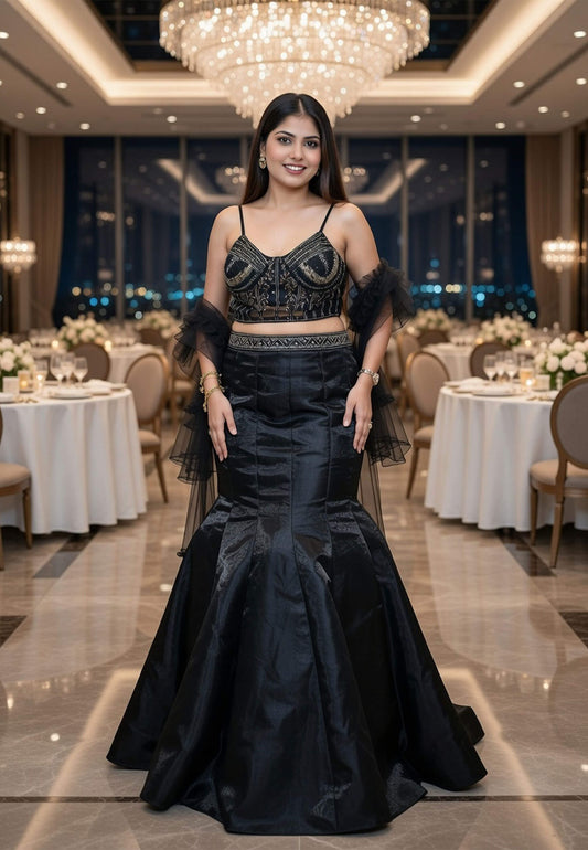 Spaghetti Style Hand Embellished Fish Cut Dress in Organza Silk