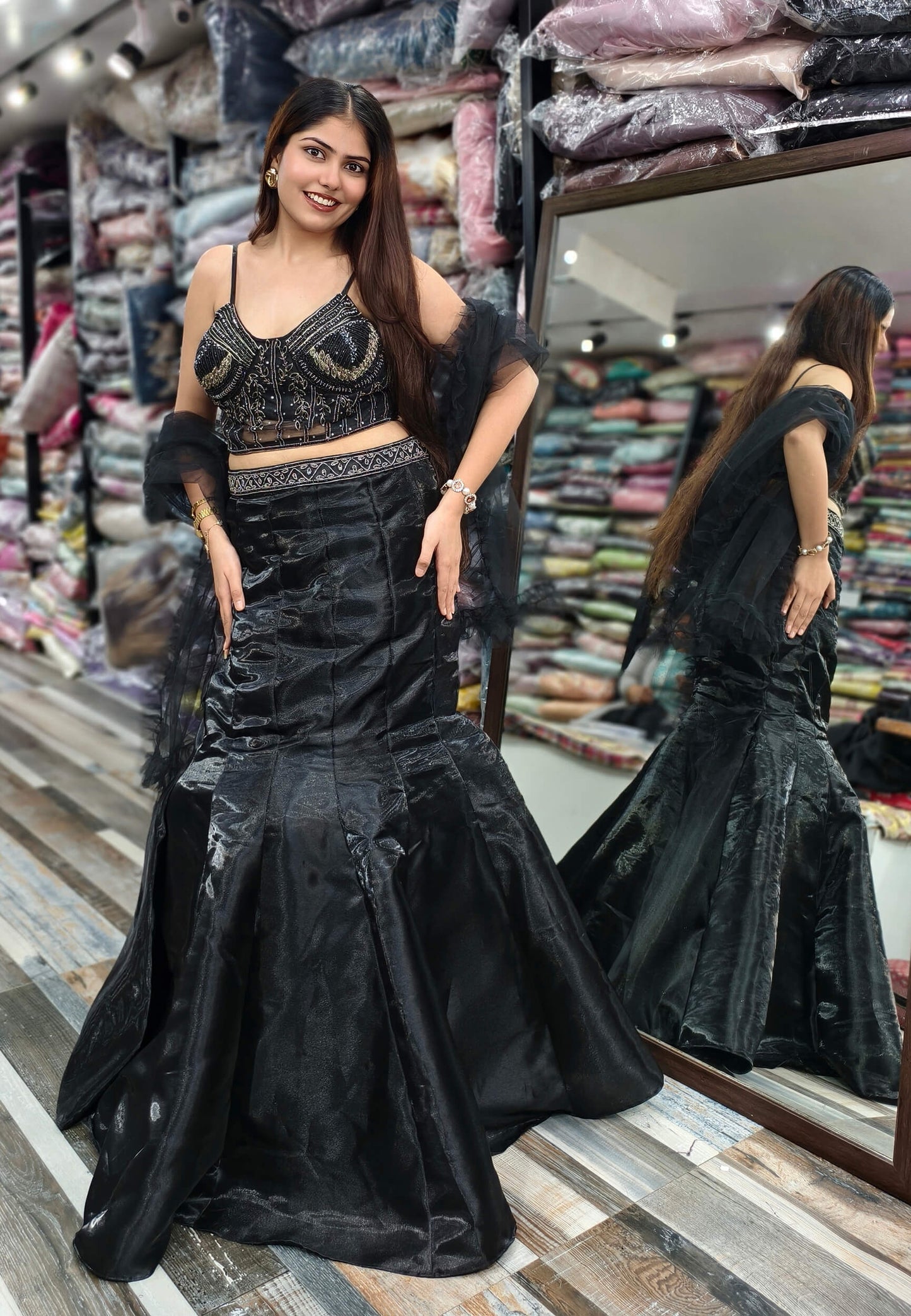 Spaghetti Style Hand Embellished Fish Cut Dress in Organza Silk