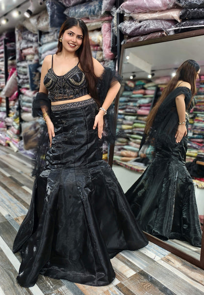 Spaghetti Style Hand Embellished Fish Cut Dress in Organza Silk
