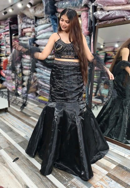 Spaghetti Style Hand Embellished Fish Cut Dress in Organza Silk