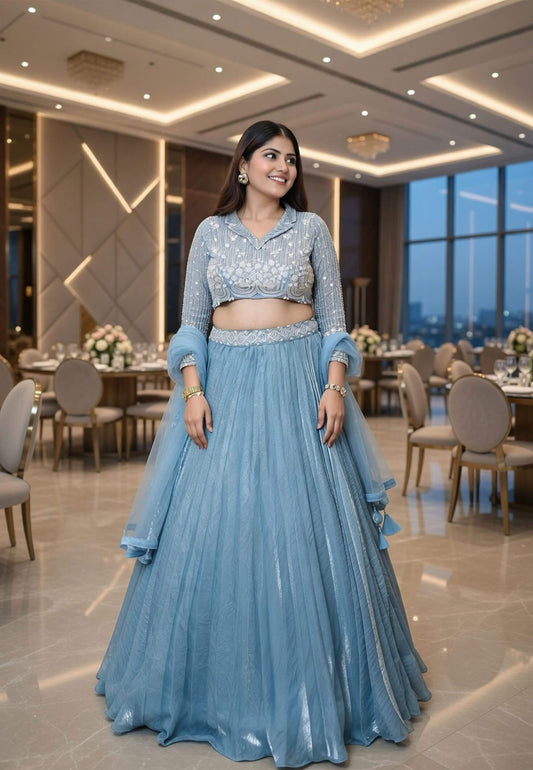 Shirt Collar Style Embellished Lehenga Dress with Pleated Silk Skirt