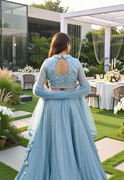 Shirt Collar Style Embellished Lehenga Dress with Pleated Silk Skirt