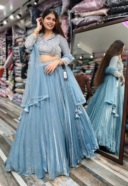Shirt Collar Style Embellished Lehenga Dress with Pleated Silk Skirt