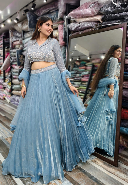 Shirt Collar Style Embellished Lehenga Dress with Pleated Silk Skirt
