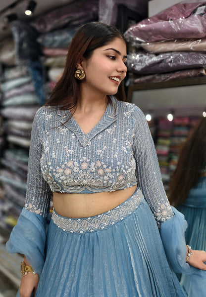 Shirt Collar Style Embellished Lehenga Dress with Pleated Silk Skirt