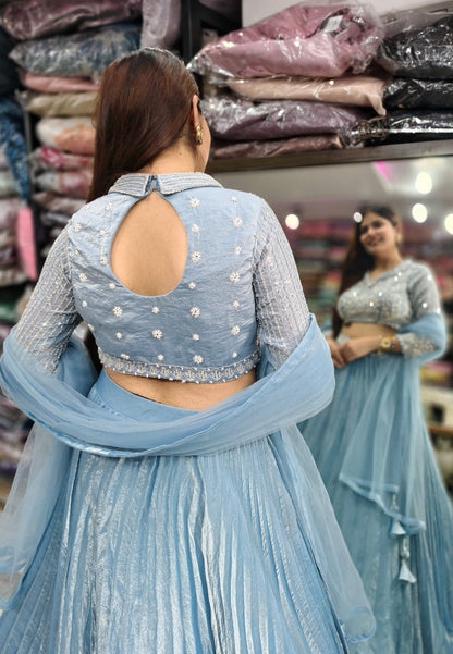 Shirt Collar Style Embellished Lehenga Dress with Pleated Silk Skirt