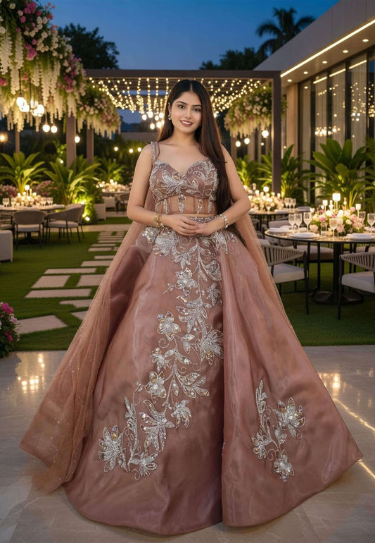 Girlish Barbie Style Hand Work Lehenga Choli in Copper